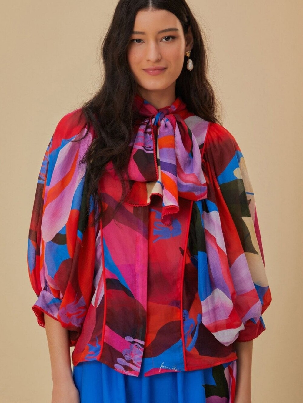 Farm Rio Watercolor Floral Blue Balloon Sleeve Cotton Voile Blouse